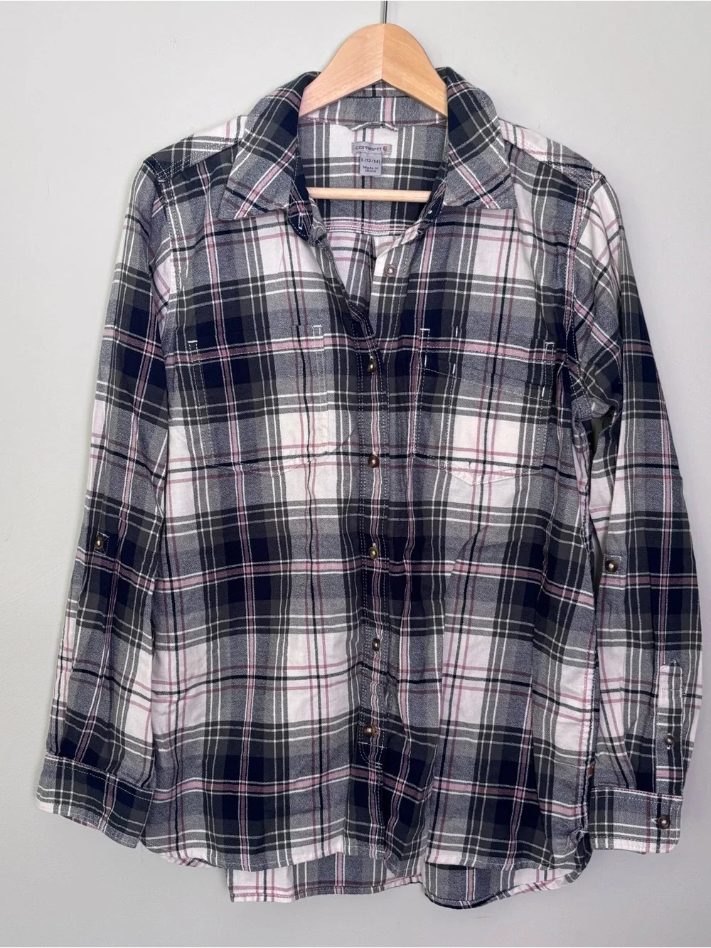 Carhartt Fairview Plaid Flannel Shirt-Roll Tab Sleeves-Pink/Blue/White-Women's L